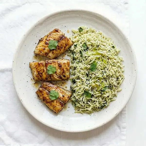 Kharra Masala Fish With Pudhina Pulao