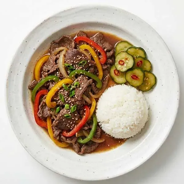 Korean Beef Bell Pepper Bulgogi With Sticky Rice & Pickled Cucumber