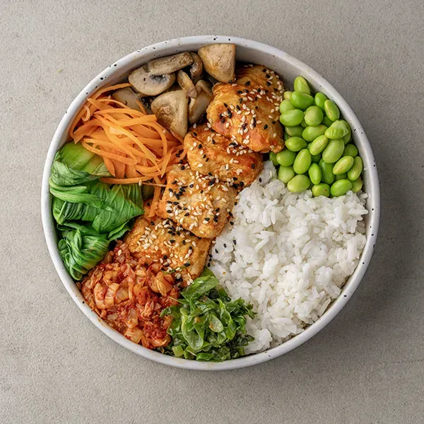 Korean Fish  Bibimbap Rice Bowl With Sauteed Carrot, Mushroom & Edamame