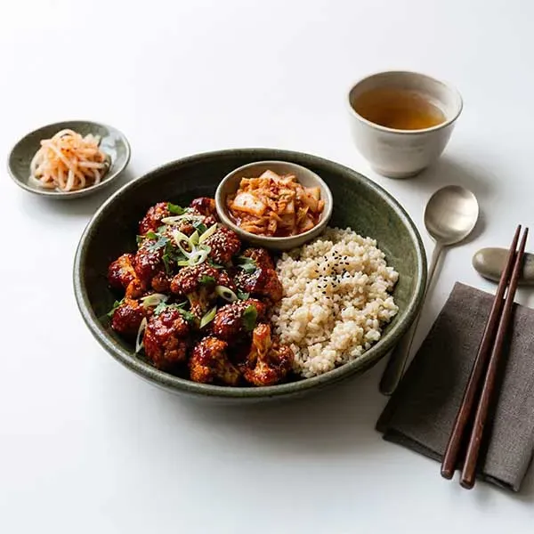 Korean Gochujang Cauliflower with Sticky Brown Rice & Kimchi