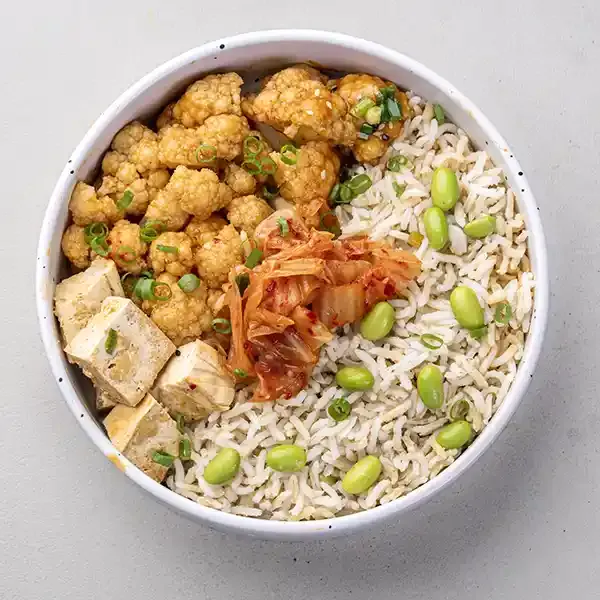 Korean Gochujang Cauliflower With Sticky Brown Rice & Kimchi