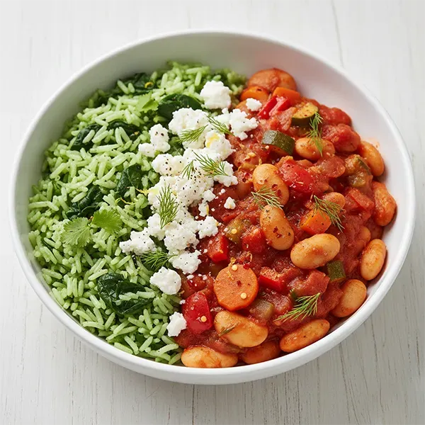 Lima Beans Baked In Tomato-Dill Sauce With Sautéed Spinach Rice Mix & Crumbled Feta
