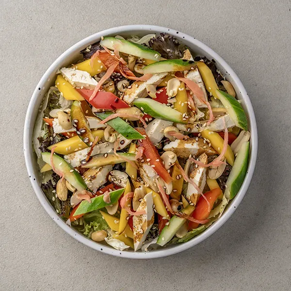 Mango, Red Bell Pepper & Crushed Peanut Tofu Salad with Tamari Soy Dressing