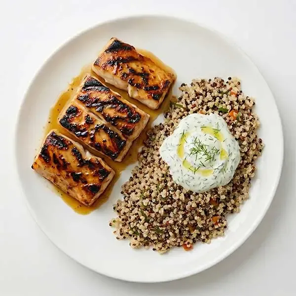 Maple Glazed Grilled Fish And  Quinoa With Yogurt Dill Sauce