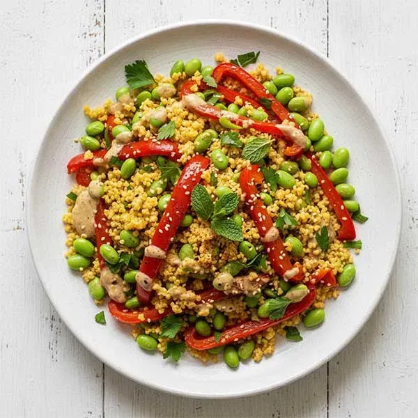 Mediterranean Couscous, Roasted Pepper & Edamame Salad With Citrus-Tahini Dressing