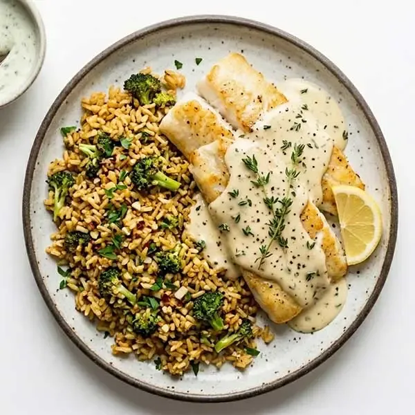 Mediterranean Fish With Creamy Thyme Sauce And Roasted Broccoli Rice
