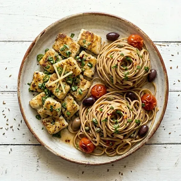 Mediterranean fish with Whole Wheat Linguine