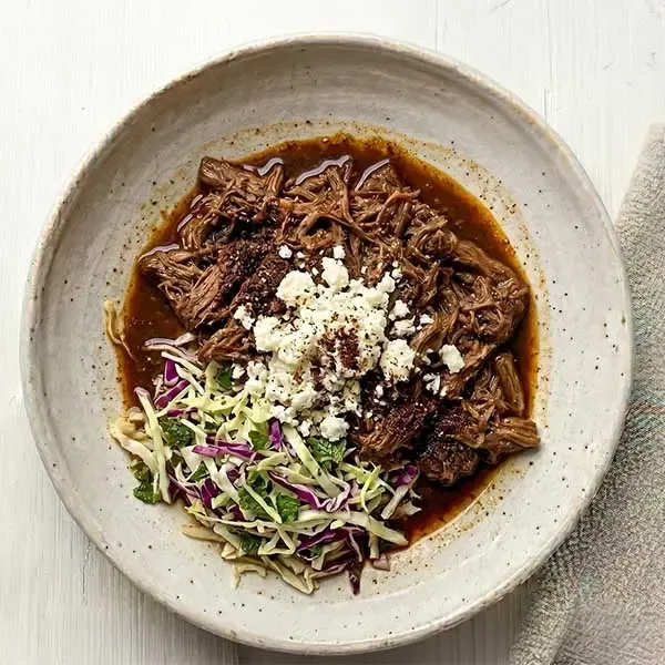 Mexican Beef Birria Bowl over Shredded Minted Dual Cabbage