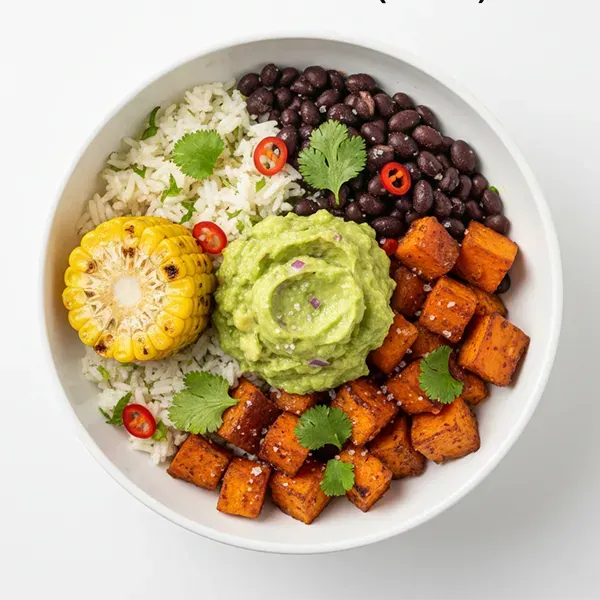 Mexican Creole Marinated Sweet Potato, Black Beans, Corn Cob, Chilli Lime Rice & Guacamole Dip