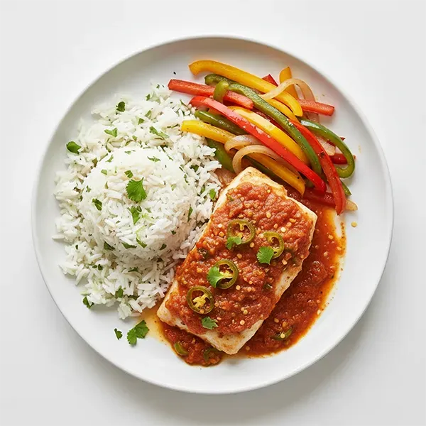 Mexican Spicy tomato fish with Cilantro Lime Rice & Sautéed Peppers