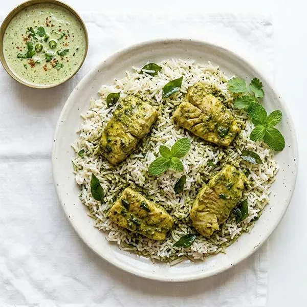 Mint Fish Curry With Steamed Coconut Rice