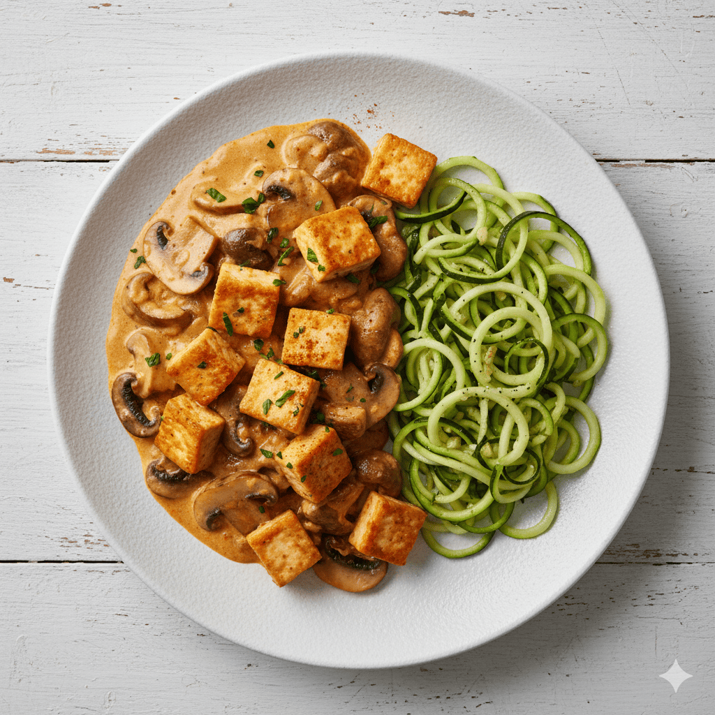 Mixed Mushroom And Tofu In Creamy Paprika Sauce With Garlic Zoodles
