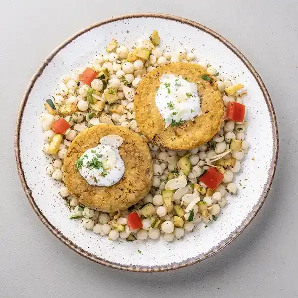 Moroccan Spiced Chickpea Cakes With Herbed Pearl Couscous