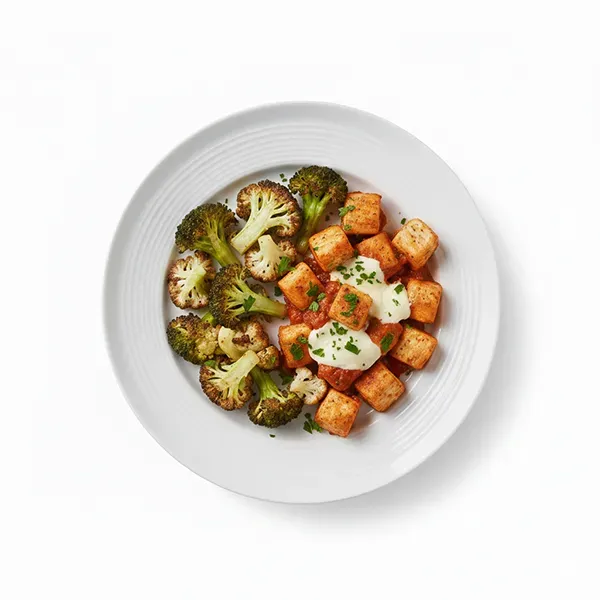 Baked Mozzarella chicken with charred Broccoli and Garlic Cream Sauce