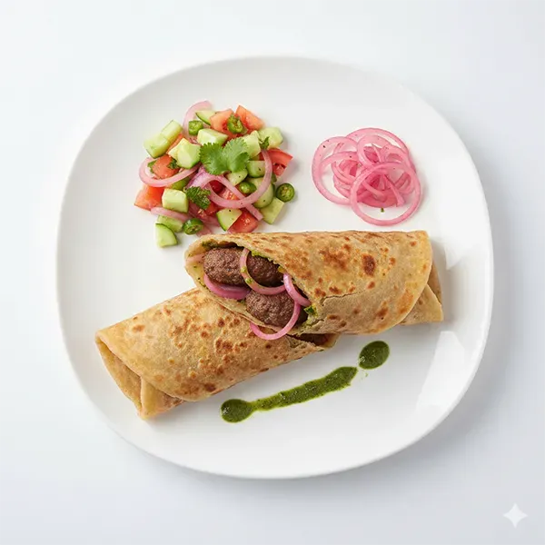 Mutton Shami Kebab Paratha Roll With Pickled Onion And Kachumber Salad