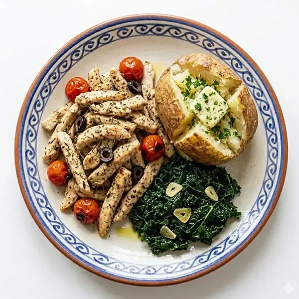 Napoli Style Herb Chicken With Baked Potato And Garlic Sautéed Kale