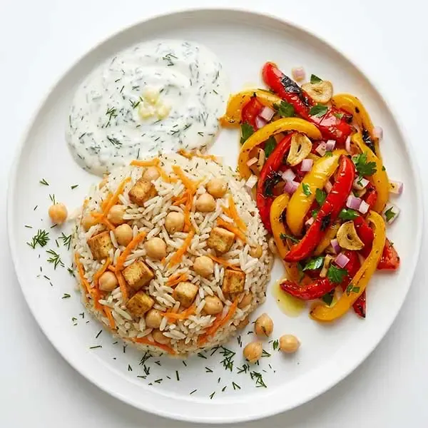 Nohutlu Pilav With Roasted Pepper And Dill Yogurt Sauce