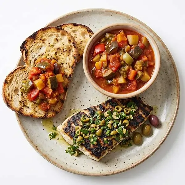 Olive-Mint Grilled Fish  With Ratatouille And  Sour Dough Toast