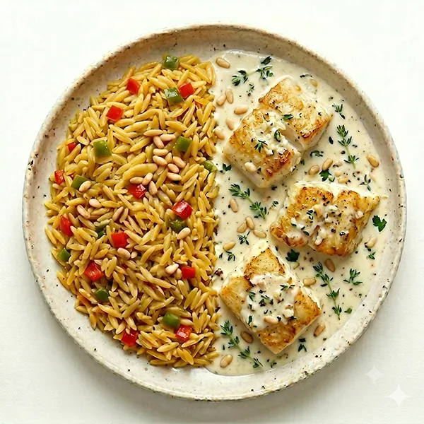 One-Pot Lemon And Bell Pepper Orzo With Creamy Garlic Fish