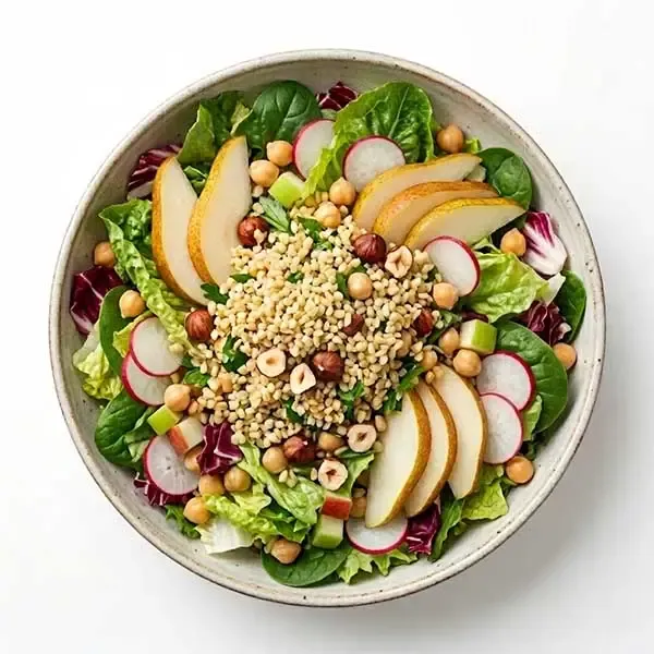 Orchard Pear & Cracked Burghul Chickpea Salad With Bramley Crumbles & Ruby Dressing