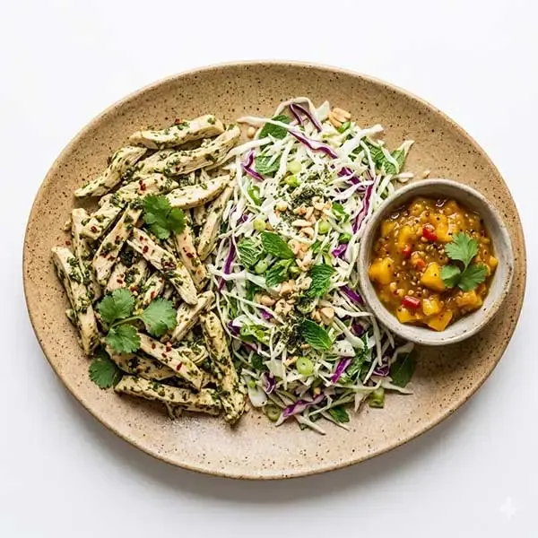 Oven Grilled Cilantro Chicken With Minted Cabbage And Spiced Mango Chutney