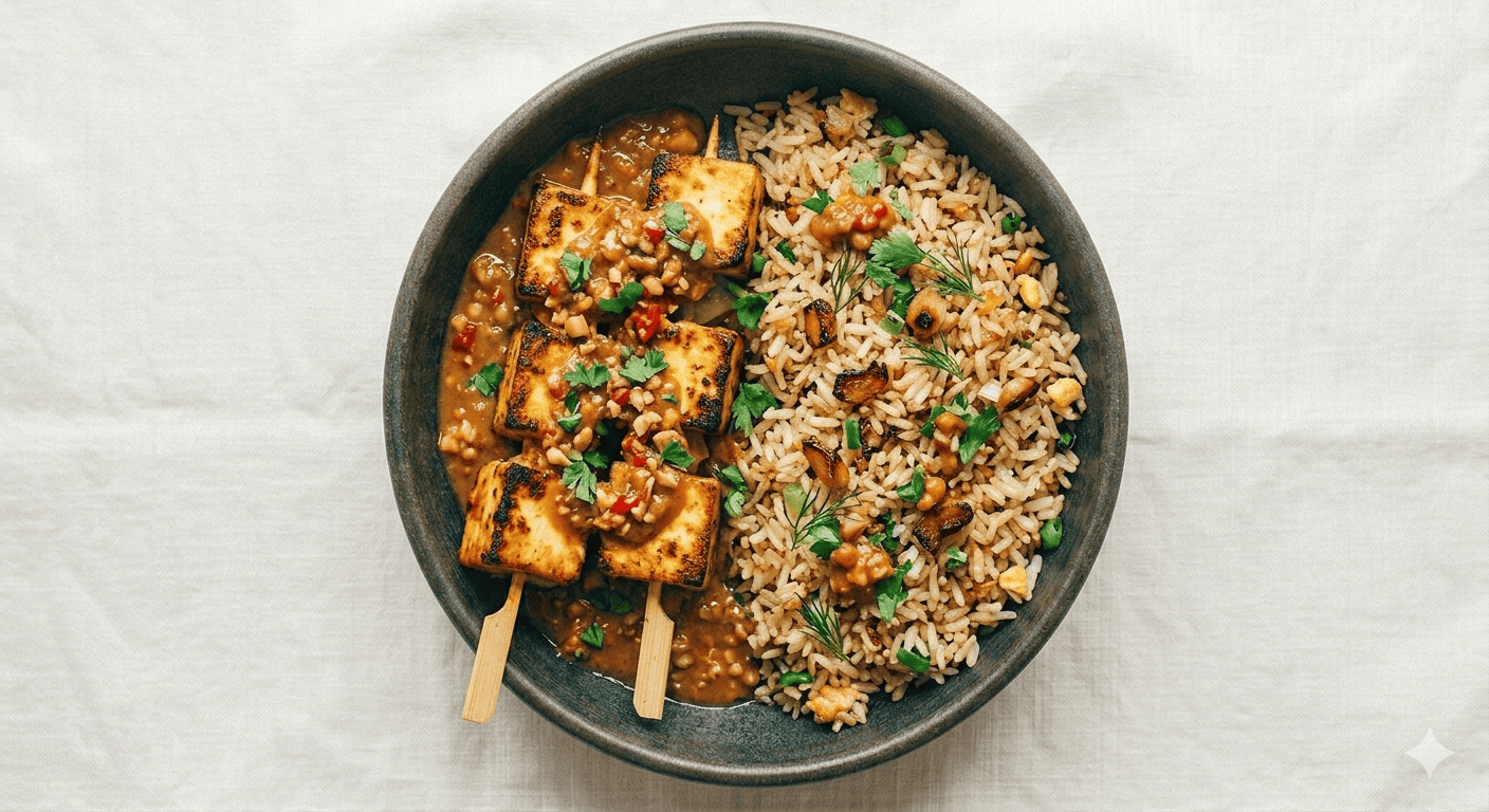Paneer Satay With Burnt Garlic Fried Rice