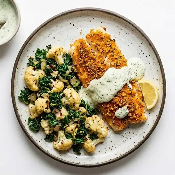 Paprika Celery Encrusted Fish With Dill Crème And Kale Cauliflower Mélange