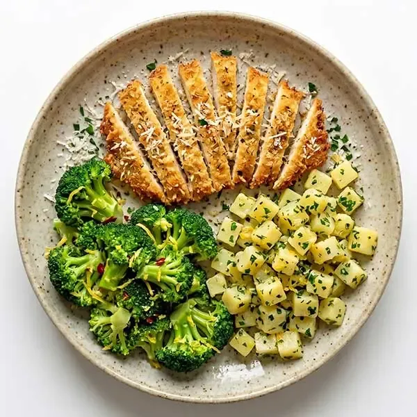 Parmesan Crusted Chicken With Parsley Potatoes & Lemon Broccoli