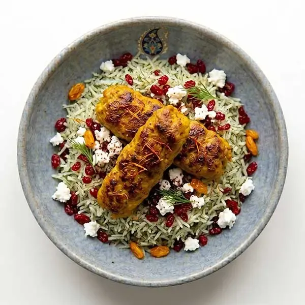 Persian-inspired saffron lamb kebab with dill rice & zereshk