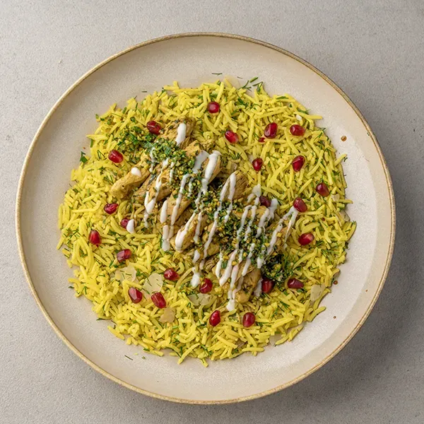 Pistachio Gremolata Chicken With Saffron Dill Rice & Pomegranate Tahini Sauce