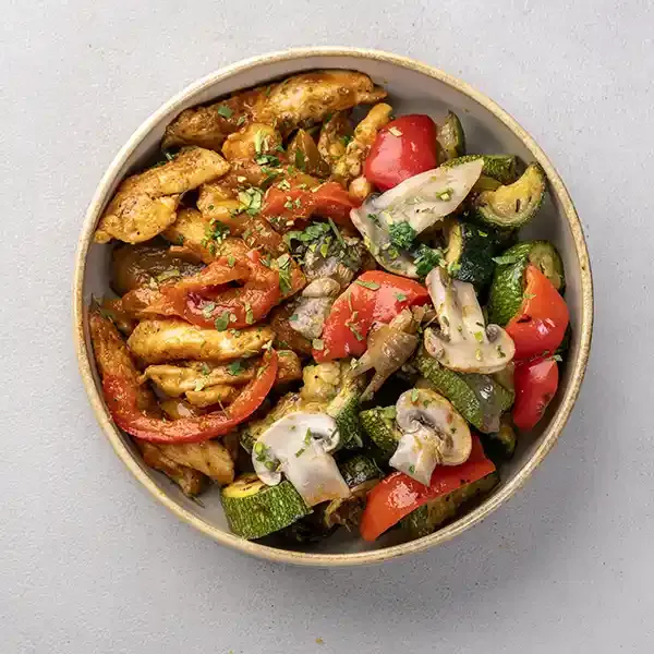 Pollo Alla Cacciatore With Griddle Roasted Basil Garlic Vegetables
