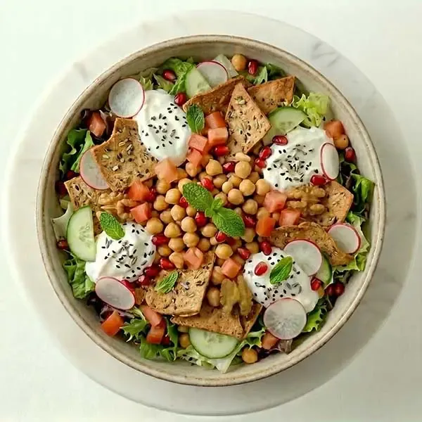 Pomegranate Chickpea Fetteh Salad With Whole Grain Crisps & Greek Labneh