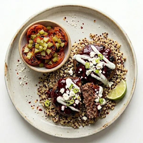 Pomegranate glazed beef burger bowl with feta, baked tomatoes & gherkins