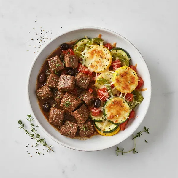 Provençal Herb & Olive Beef With Cheese Baked Zucchini