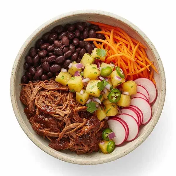 Pulled Beef Bowl With Black Bean, Shredded Carrot,Red Radish And Pineapple Jalapeno Salsa