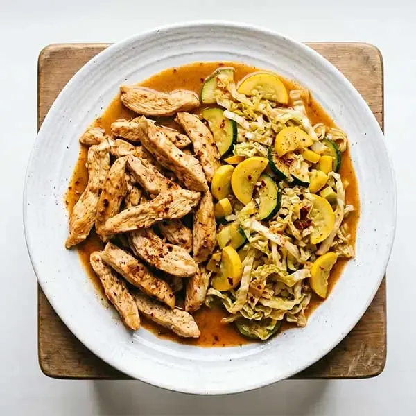 Red Curry Chicken With Squash Medley And Napa Cabbage