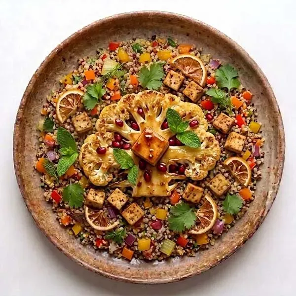 Roasted Cauliflower Steak With Tofu And  Bell Pepper Quinoa