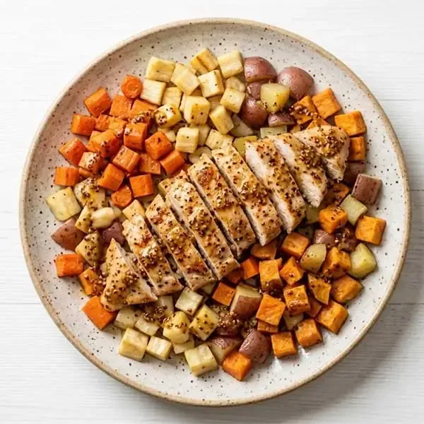 Rosemary Mustard Roasted Chicken With Oven Baked Root Vegetables