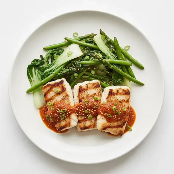 Sambal Drizzled Grilled Fish With Bok Choy And Beans