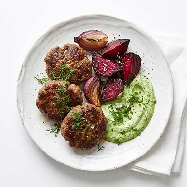 Scandinavian Beef Patties With Charred Beets And Herb Sauce