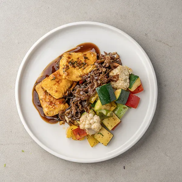 Seared Fish With Wild Mushroom- Roasted Keto Veg & Tomato Paprika Jus
