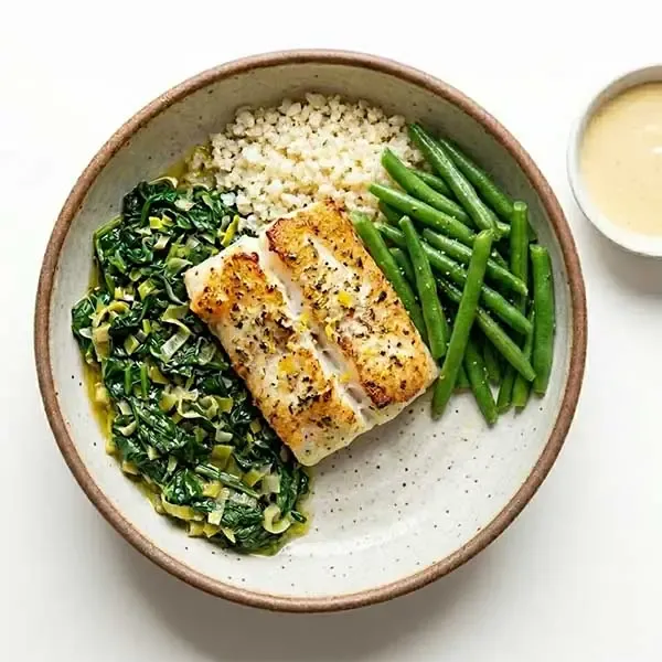Pan-Seared Fish With Braised Spinach Leek Mix & Beurre Blanc