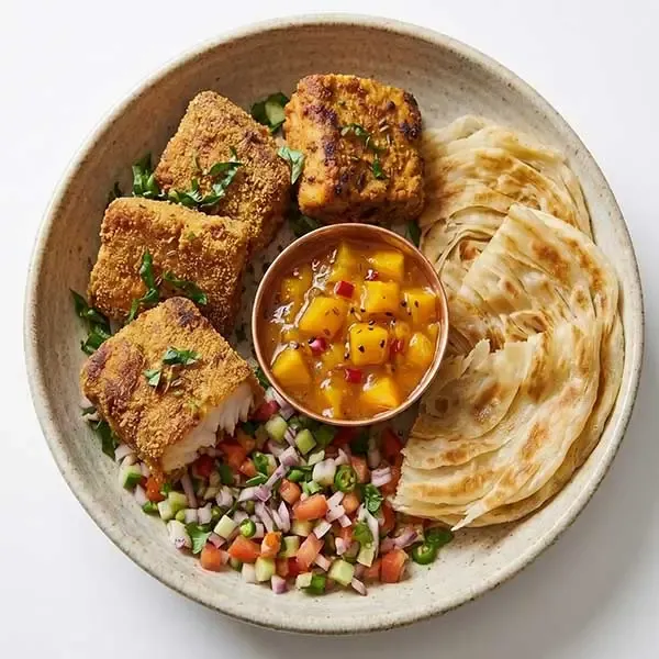 Semolina Fried Fish With Mango Chili Chutney & Parotta