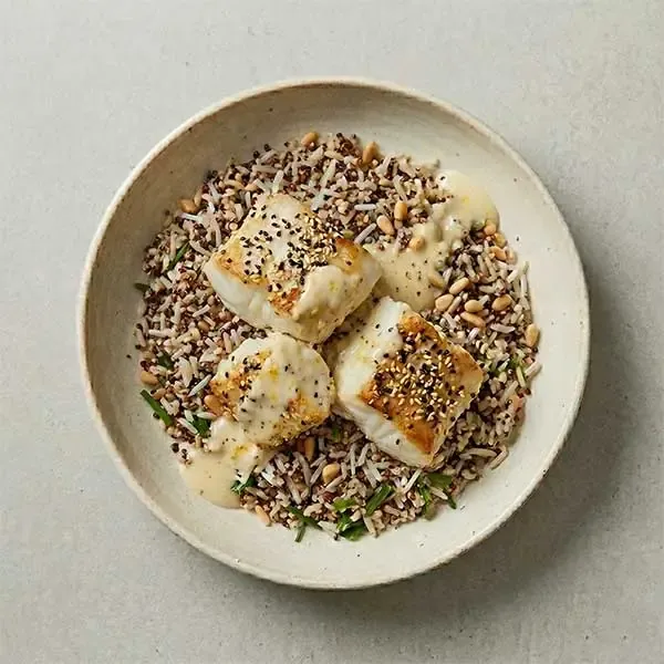 Sesame Crusted Fish With  Quinoa Rice Mix And Tahini Lemon  Sauce