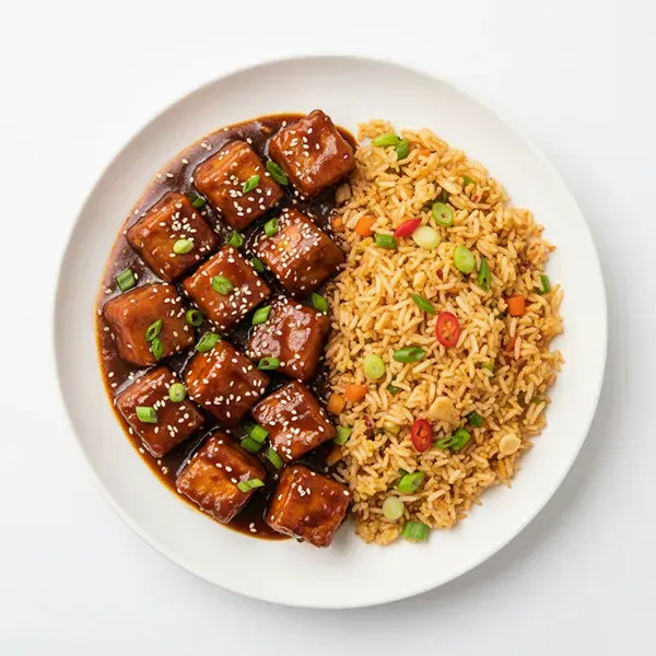 Sesame Tofu Manchurian with chilli garlic Edamame fried rice