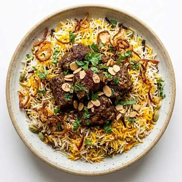 Seven-Spice Beef with Truffled Hummus and Local Biryani Rice
