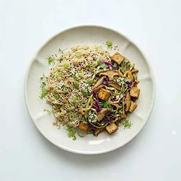 Shredded Cabbage & Mushroom, Tofu  Stir-fry with Sesame Scallion Fried Rice