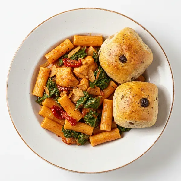 Sicilian Sun-Dried Tomato Chicken with Rigatoni and Sautéed Tuscan Kale