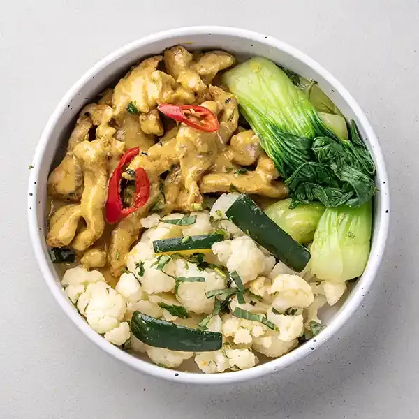 Singaporean Laksa Spiced Chicken With Basil Cauliflower Pok Choy