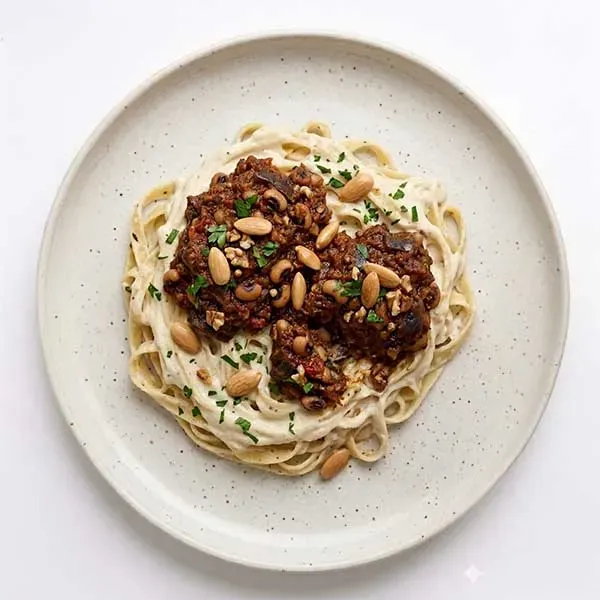 Smoked Eggplant & Walnut Loubia with Whipped Garlic Fettuccini